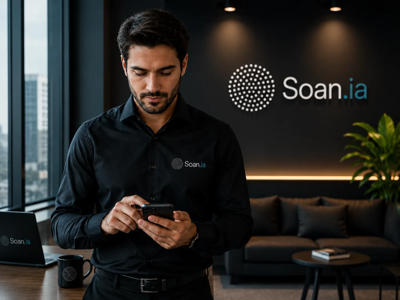 Profissional da Soan.ia de camisa preta com o logo da marca, consultando o painel da plataforma no celular.