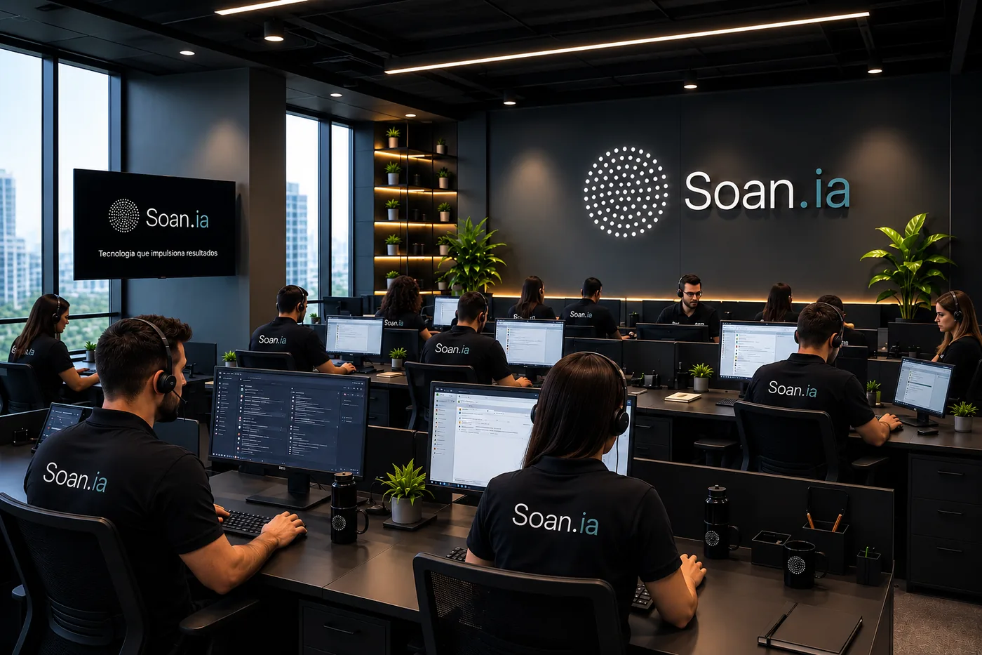 Equipe da Soan.ia trabalhando em uma sala de operação, com monitores e headsets, sob o letreiro da marca na parede.